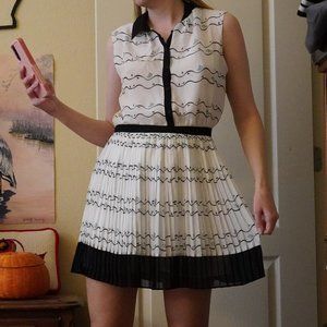 Birds with Hats Print Chiffon Dress with Pleated Skirt